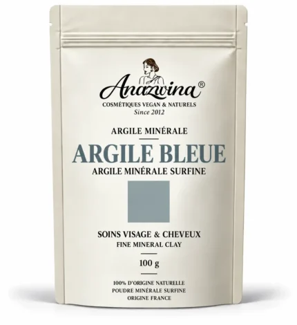 Sachet Anazwina d’Argile Bleue Minérale 100 g, poudre naturelle d’origine France pour les soins du visage et des cheveux.