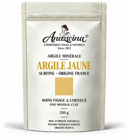 Sachet Anazwina d’Argile Jaune Surfine 250 g, poudre minérale d’origine France pour les soins du visage et des cheveux.
