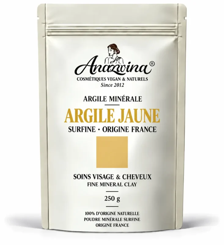 Sachet Anazwina d’Argile Jaune Surfine 250 g, poudre minérale d’origine France pour les soins du visage et des cheveux.