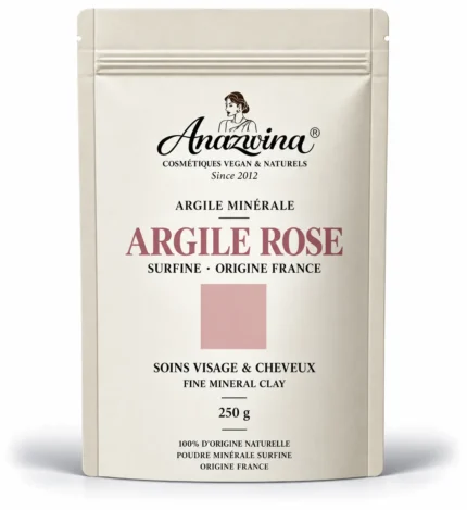 Sachet Anazwina d’Argile Rose Surfine 250 g, poudre minérale d’origine France pour les soins du visage et des cheveux.