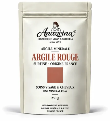 Sachet Anazwina d’Argile Rouge Surfine 250 g, poudre minérale d’origine France pour les soins du visage et des cheveux.