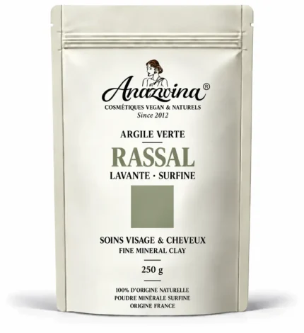 Sachet Anazwina d’Argile Verte Rassal Lavante Surfine 250 g, poudre minérale d’origine France pour les soins du visage et des cheveux.