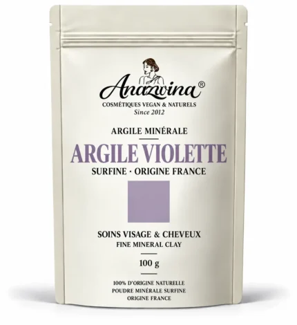 Sachet Anazwina d’Argile Violette Surfine 100 g, poudre minérale naturelle d’origine France pour les soins du visage et des cheveux.