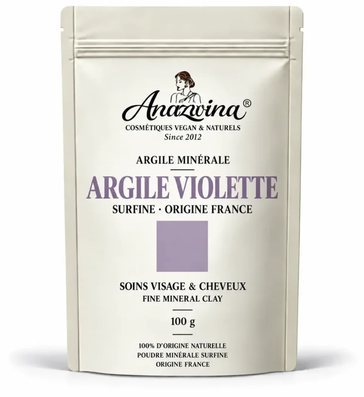 Sachet Anazwina d’Argile Violette Surfine 100 g, poudre minérale naturelle d’origine France pour les soins du visage et des cheveux.