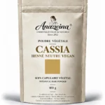Poudre de Henné Neutre Cassia Vegan 100 g, poudre végétale aux reflets miel doré discrets.