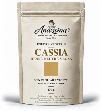 Poudre de Henné Neutre Cassia Vegan 100 g, poudre végétale aux reflets miel doré discrets.