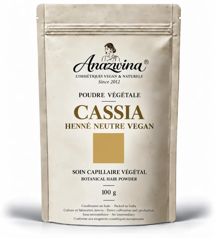 Poudre de Henné Neutre Cassia Vegan 100 g, poudre végétale aux reflets miel doré discrets.