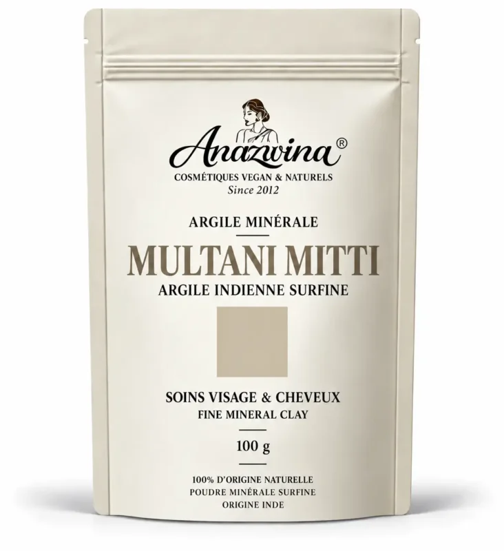 Sachet Anazwina de Poudre de Multani Mitti, argile minérale indienne surfine, 100 g, pour les soins du visage et des cheveux.