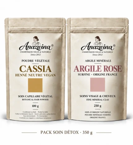 Pack Soin Détox Anazwina 350 g composé de Cassia Henné Neutre 100 g et d’Argile Rose 250 g pour cheveux abîmés et dévitalisés.