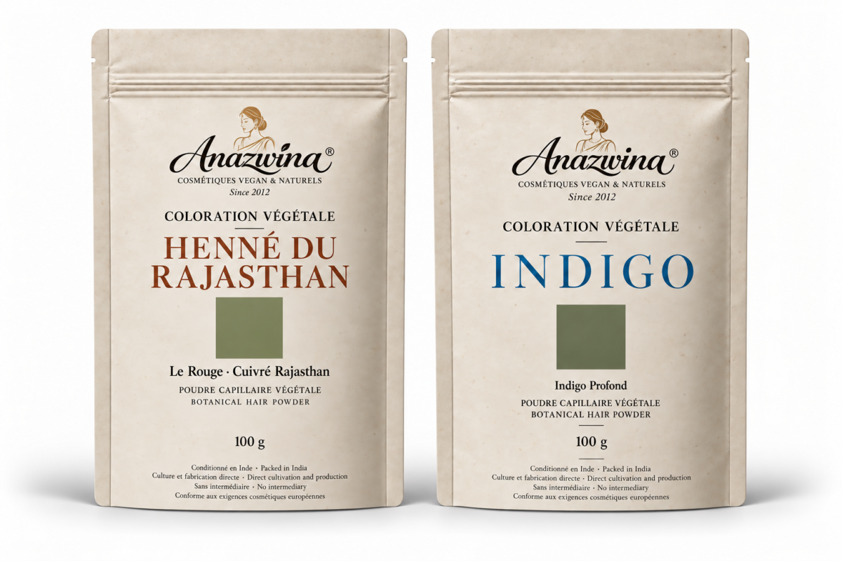 **Texte alternatif :** Duo coloration végétale Anazwina avec henné du Rajasthan et poudre d’indigo, 2 × 100 g