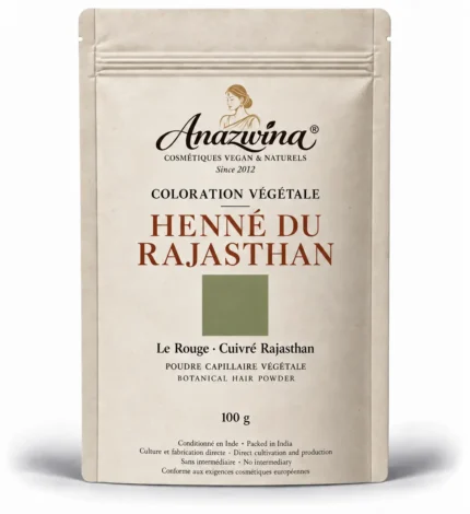**Texte alternatif :** Sachet de Henné du Rajasthan Anazwina France, coloration végétale capillaire naturelle 100 g, conditionné en Inde.