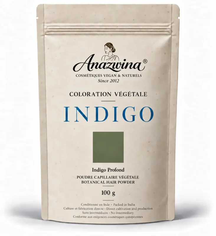 Sachet d’Indigo Anazwina France, coloration végétale capillaire naturelle 100 g, poudre indigo conditionnée en Inde.