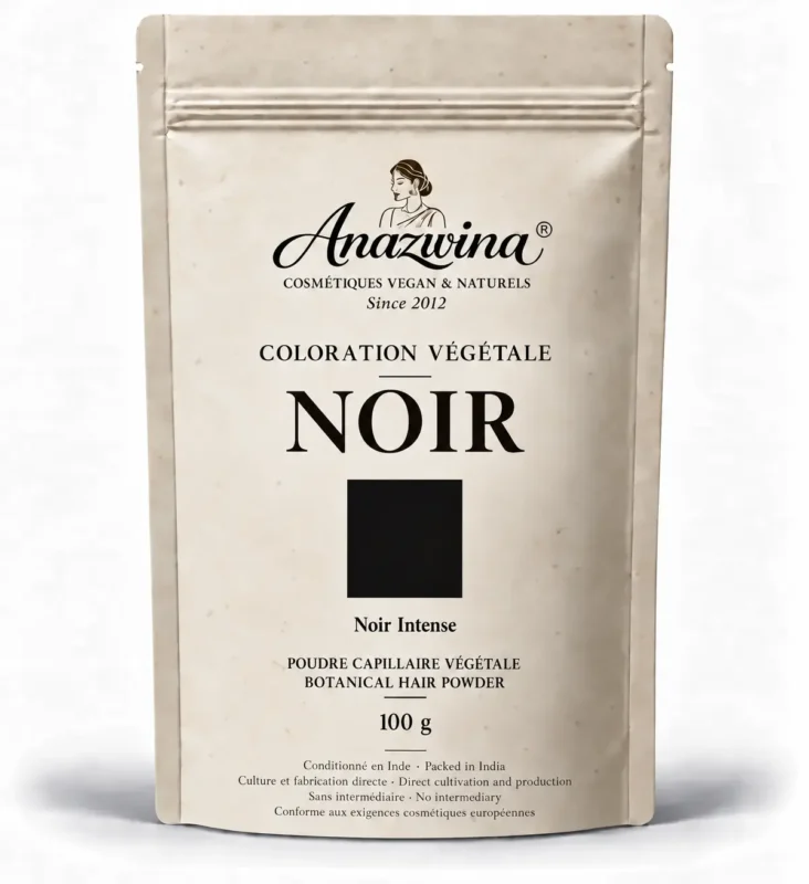 **Texte alternatif :** Sachet Anazwina de coloration végétale Noir Intense, poudre capillaire 100 g pour cheveux.