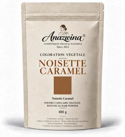 **Texte alternatif :** Sachet Anazwina de coloration végétale Noisette Caramel, poudre capillaire 100 g aux reflets noisette et caramel.