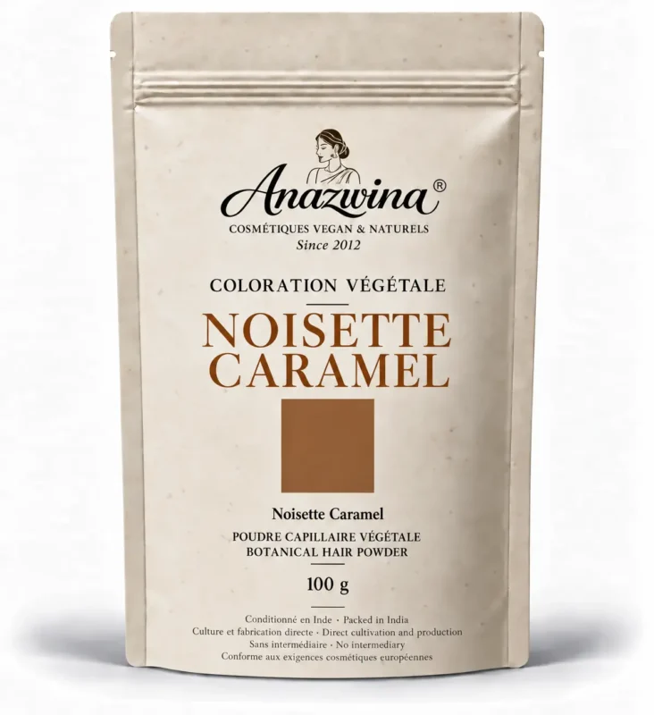 **Texte alternatif :** Sachet Anazwina de coloration végétale Noisette Caramel, poudre capillaire 100 g aux reflets noisette et caramel.