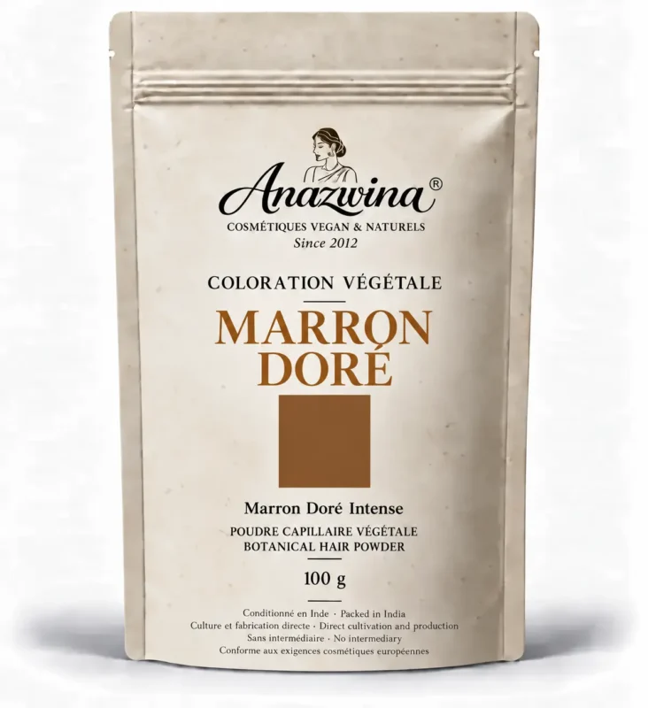 Sachet Anazwina Marron Doré Intense 100 g, coloration végétale brune aux reflets dorés et ambrés.