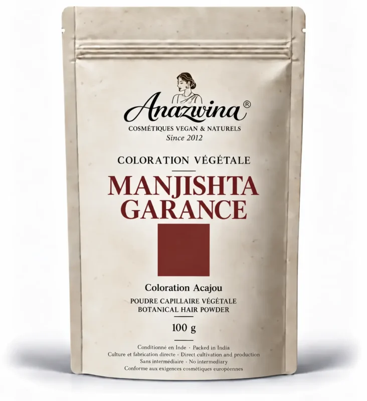Voici le texte alternatif de l’image : Sachet Anazwina Manjishta-Garance Coloration Acajou Vegan 100 g, poudre végétale aux reflets rouge acajou.