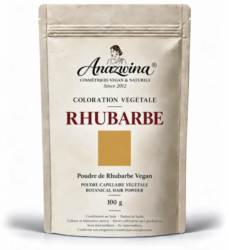 Sachet Anazwina Poudre de Rhubarbe Vegan 100 g, coloration végétale aux reflets blond doré.