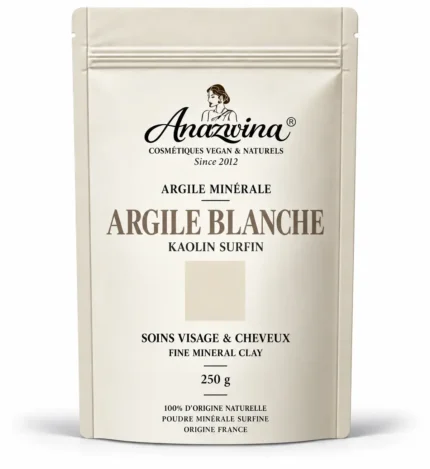 Sachet Anazwina d’Argile Blanche Surfine Kaolin 200 g, poudre minérale naturelle pour les soins du visage et des cheveux.
