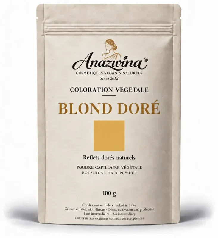 Sachet de coloration végétale Blond Doré Anazwina, poudre capillaire 100 g aux reflets dorés naturels