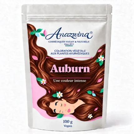 Sachet Anazwina de coloration végétale Auburn 100 g, illustré d’une chevelure auburn aux reflets roux profonds.