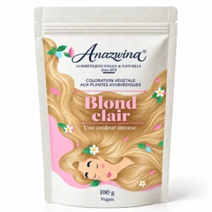 Sachet Anazwina de coloration végétale Blond clair 100 g, avec une illustration de cheveux blonds.