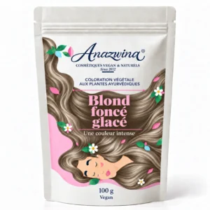 Sachet Anazwina de coloration végétale Blond foncé glacé 100 g, avec une illustration de cheveux blonds foncés.
