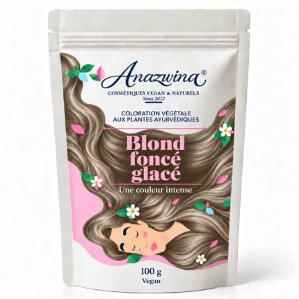 Sachet Anazwina de coloration végétale Blond foncé glacé 100 g, avec une illustration de cheveux blonds foncés.