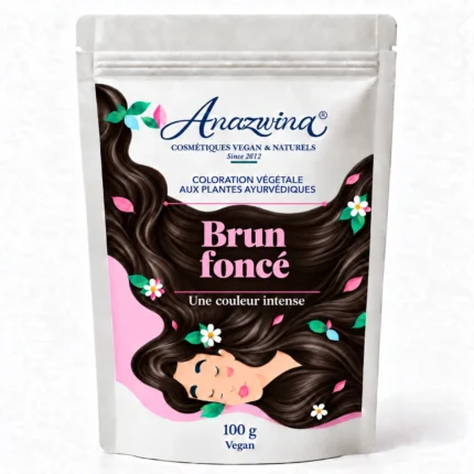 Sachet Anazwina de coloration végétale Brun foncé 100 g, illustré d’une chevelure brun foncé.