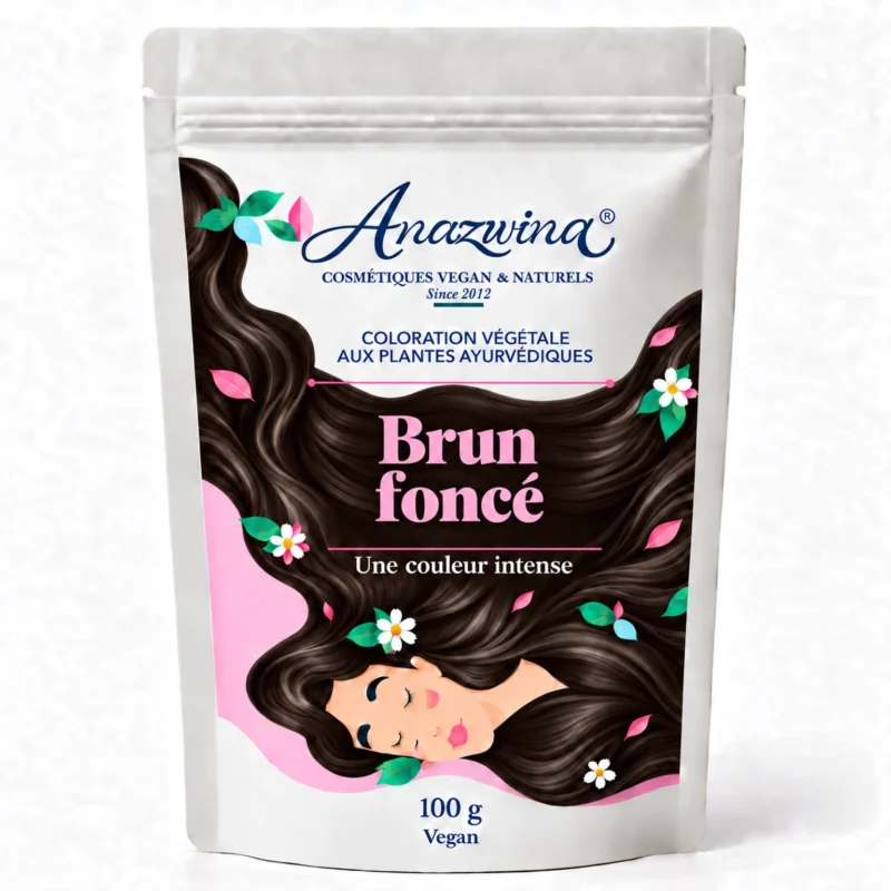 Sachet Anazwina de coloration végétale Brun foncé 100 g, illustré d’une chevelure brun foncé.