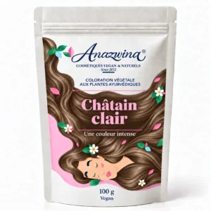 Sachet Anazwina de coloration végétale Châtain clair 100 g, illustré d’une chevelure châtain clair.