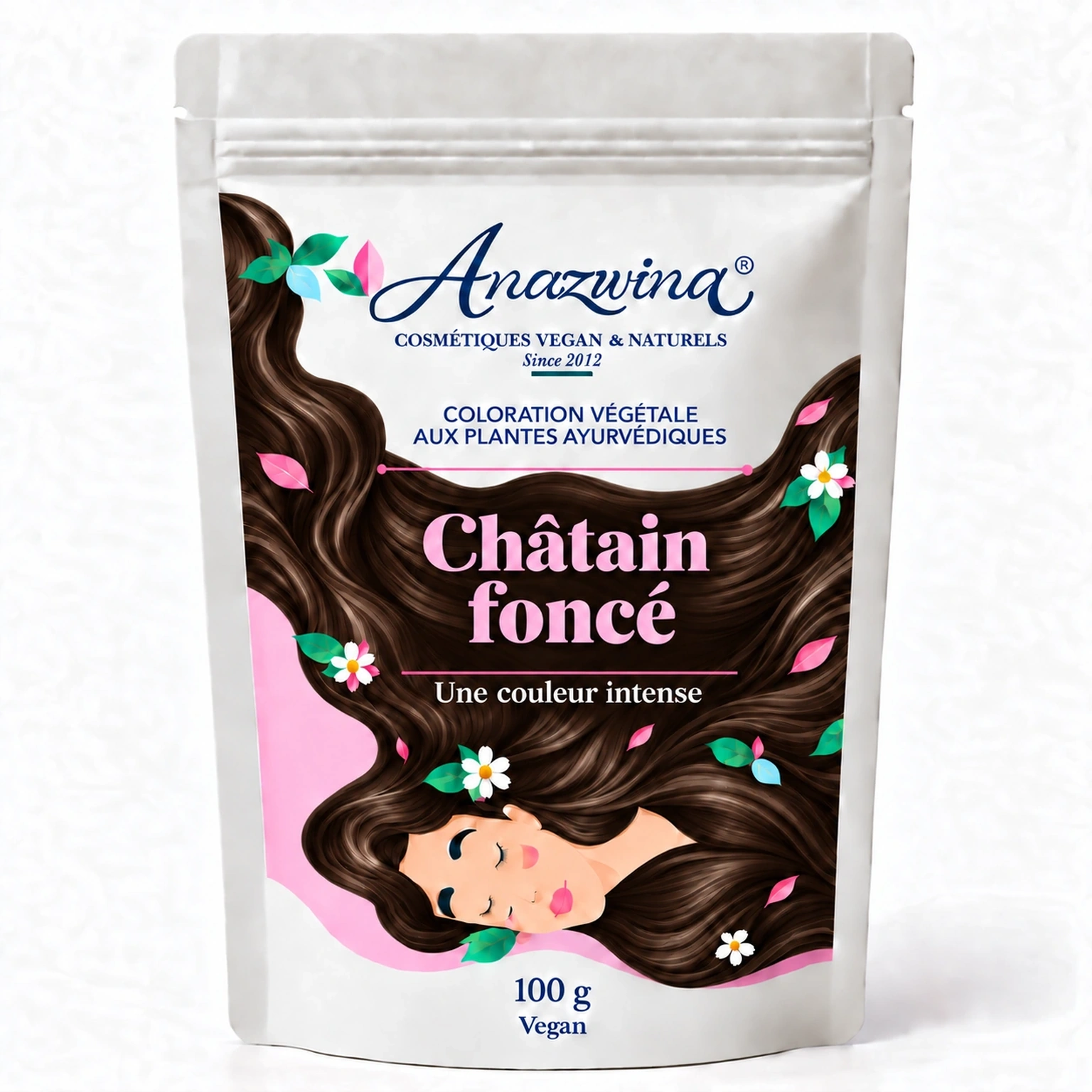 Coloration végétale Châtain foncé Anazwina – sachet 100 g Sachet Anazwina de coloration végétale Châtain foncé 100 g, illustré d’une chevelure châtain foncé.