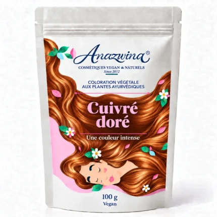 Sachet Anazwina de coloration végétale Cuivré doré 100 g, illustré d’une chevelure cuivrée aux reflets dorés.